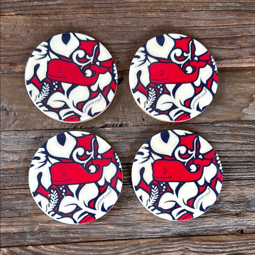 Vineyard Vines hibiscus whale wooden coaster set EUC